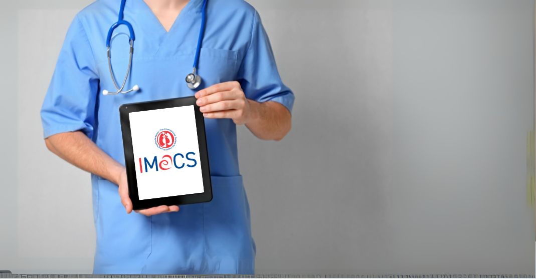 Photo of a person in scrubs holding a tablet with the IMACS Registry logo on it