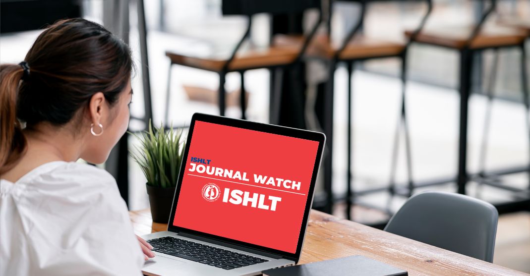 Woman looking at a computer screen that says ISHLT Journal Watch