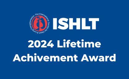 Blue background with text in white ISHLT 2024 Lifetime Achievement Award