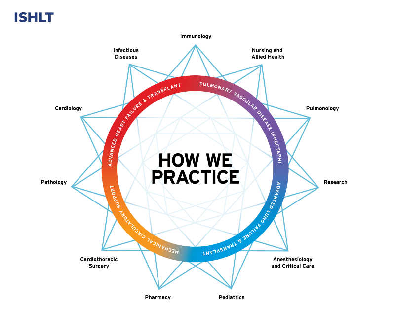 ISHLT organizational chart showing the four interdisciplinary networks relating the 10 professional communities
