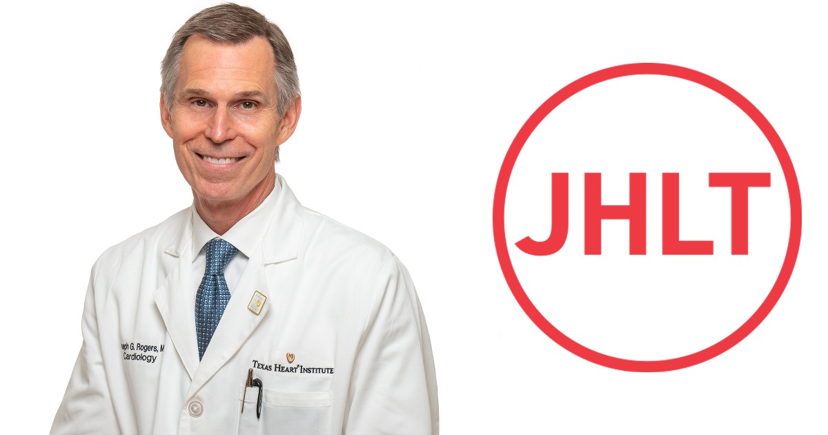 A headshot photo of Dr. Joe Rogers of the Texas Heart Institute smiling for the camera in a white lab coat. Next to him is the red logo of the JHLT.