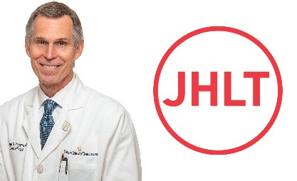 A headshot photo of Dr. Joe Rogers of the Texas Heart Institute wearing a white lab coat and smiling. Next to him is the red encircled JHLT logo.
